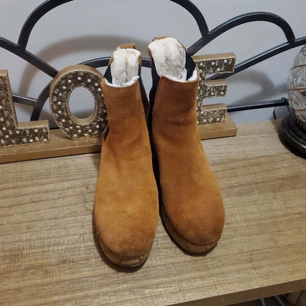 J. Crew Womens Suede Faux-fur Lined Wooden Clog Platform Chelsea Boots Sz 6 Boho - Picture 2 of 11